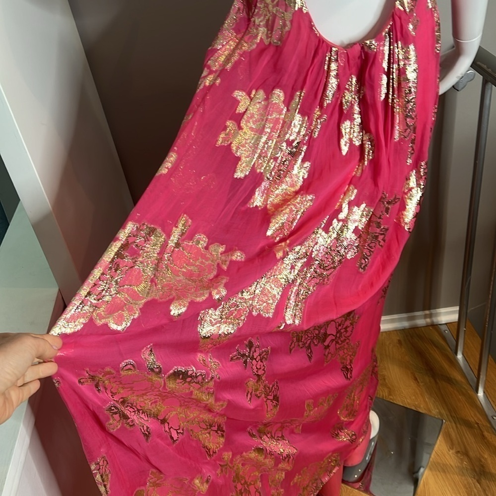 Xscape Sz 10 Pink Silk Gold Lurex Full Length Sleevles Gown Maxi Dress - Picture 8 of 14